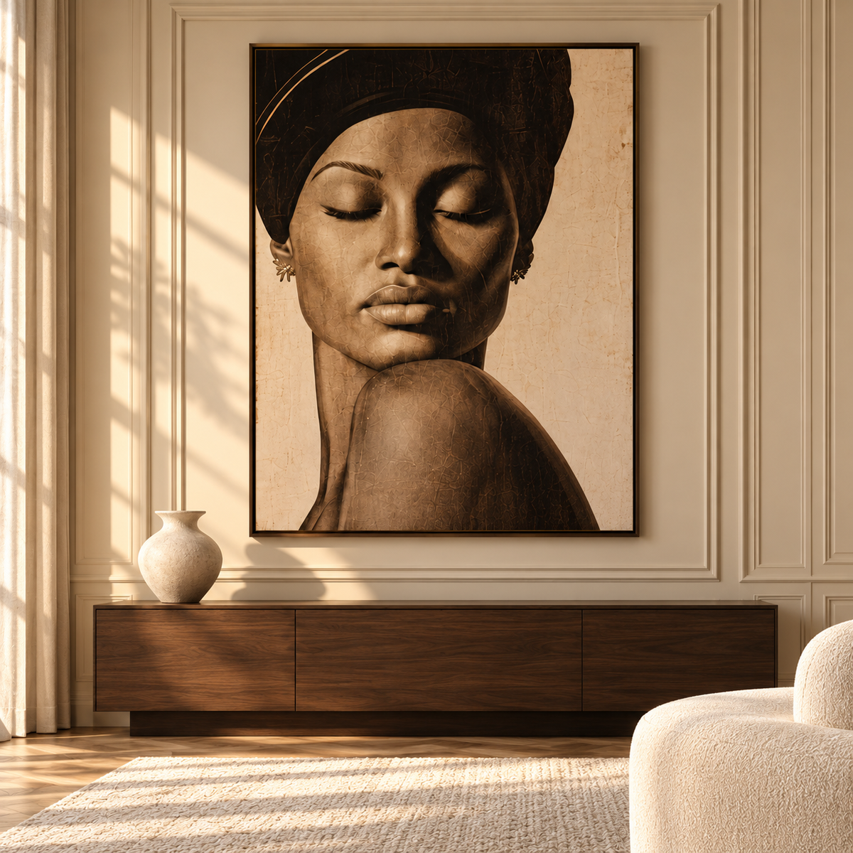 Stillness — hand-painted portrait in living room setting