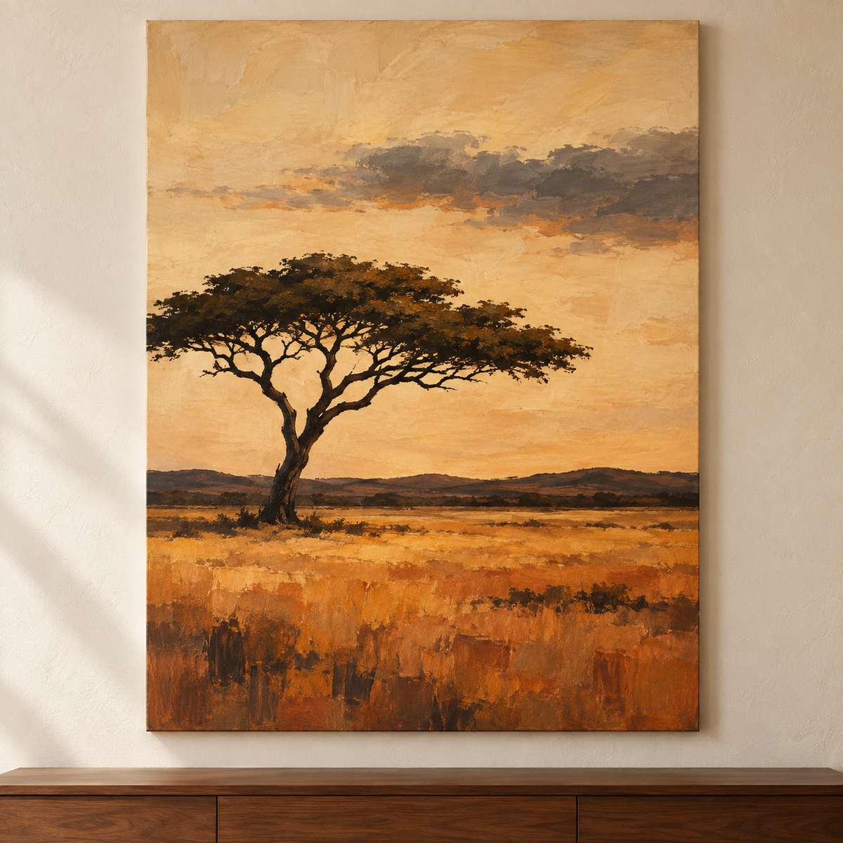 Landscape painting of a lone acacia tree in a golden savannah at sunset, hung above a sideboard