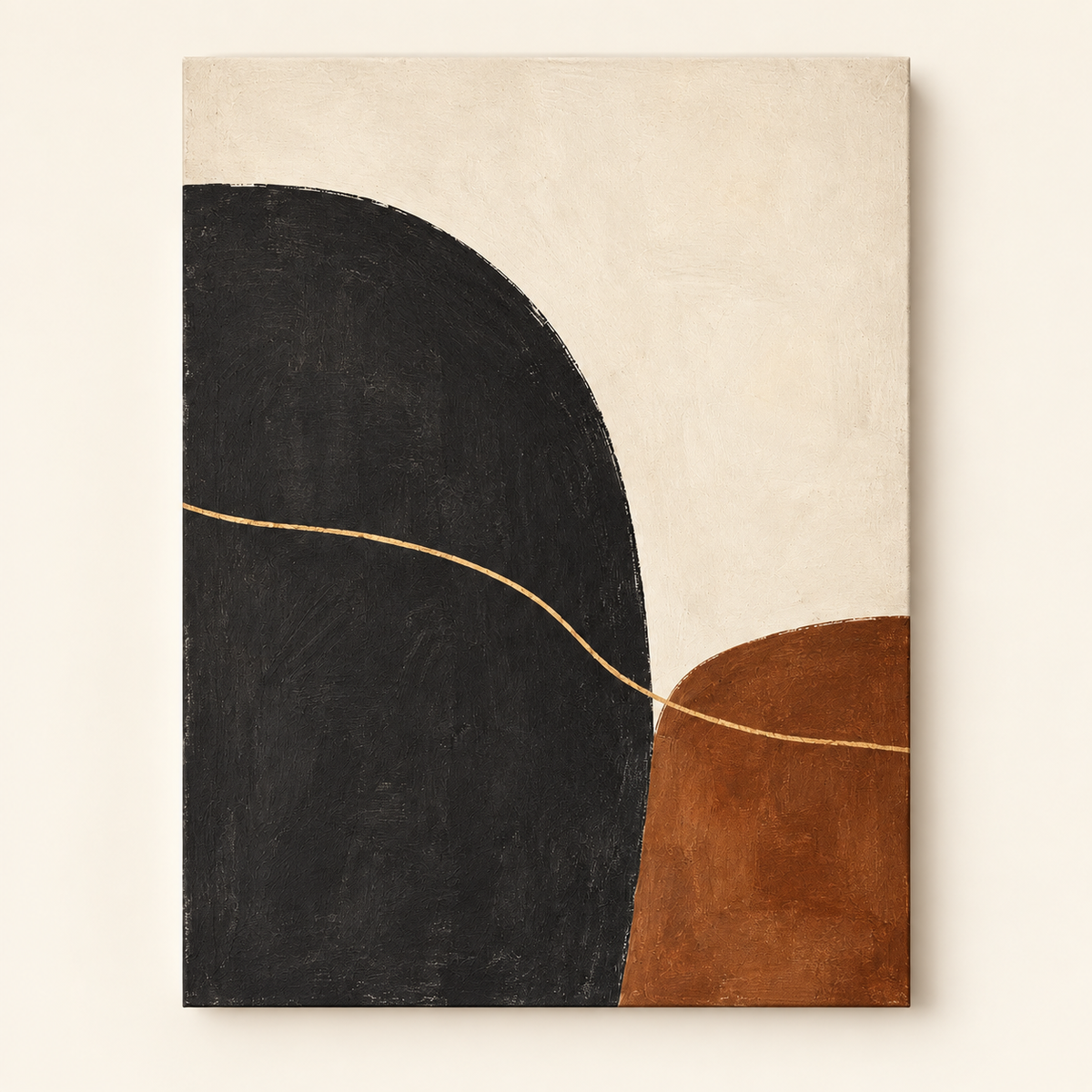 Abstract painting with black arc and terracotta shape on cream background