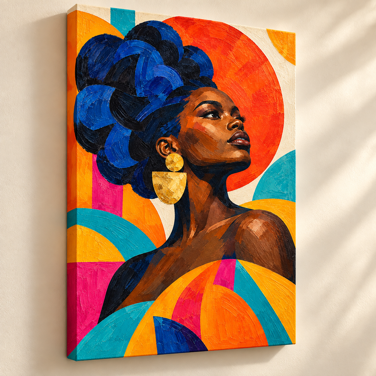 Bold colorful portrait painting of a woman with blue updo on a vibrant geometric background
