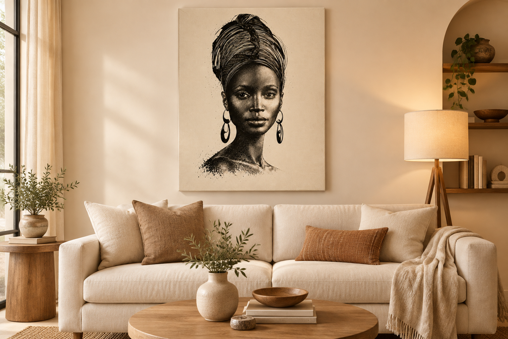 Grace portrait painting displayed in a styled modern living room