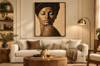 Stillness portrait painting displayed in a styled contemporary living room