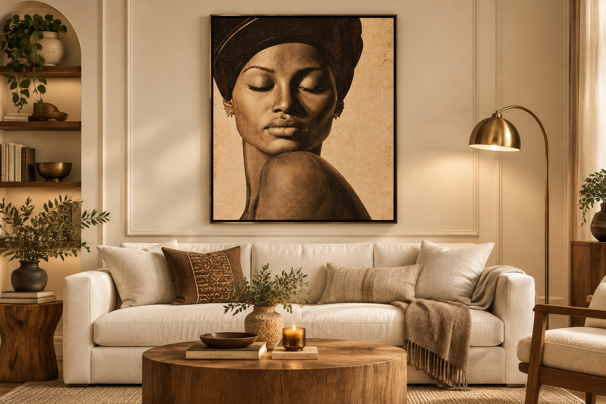 Stillness portrait painting displayed in a styled contemporary living room