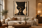 Solace portrait painting displayed in a styled modern living room